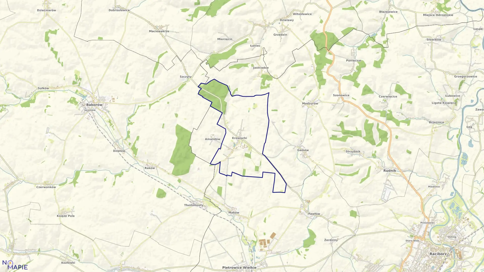 Mapa obrębu KROWIARKI w gminie Pietrowice Wielkie