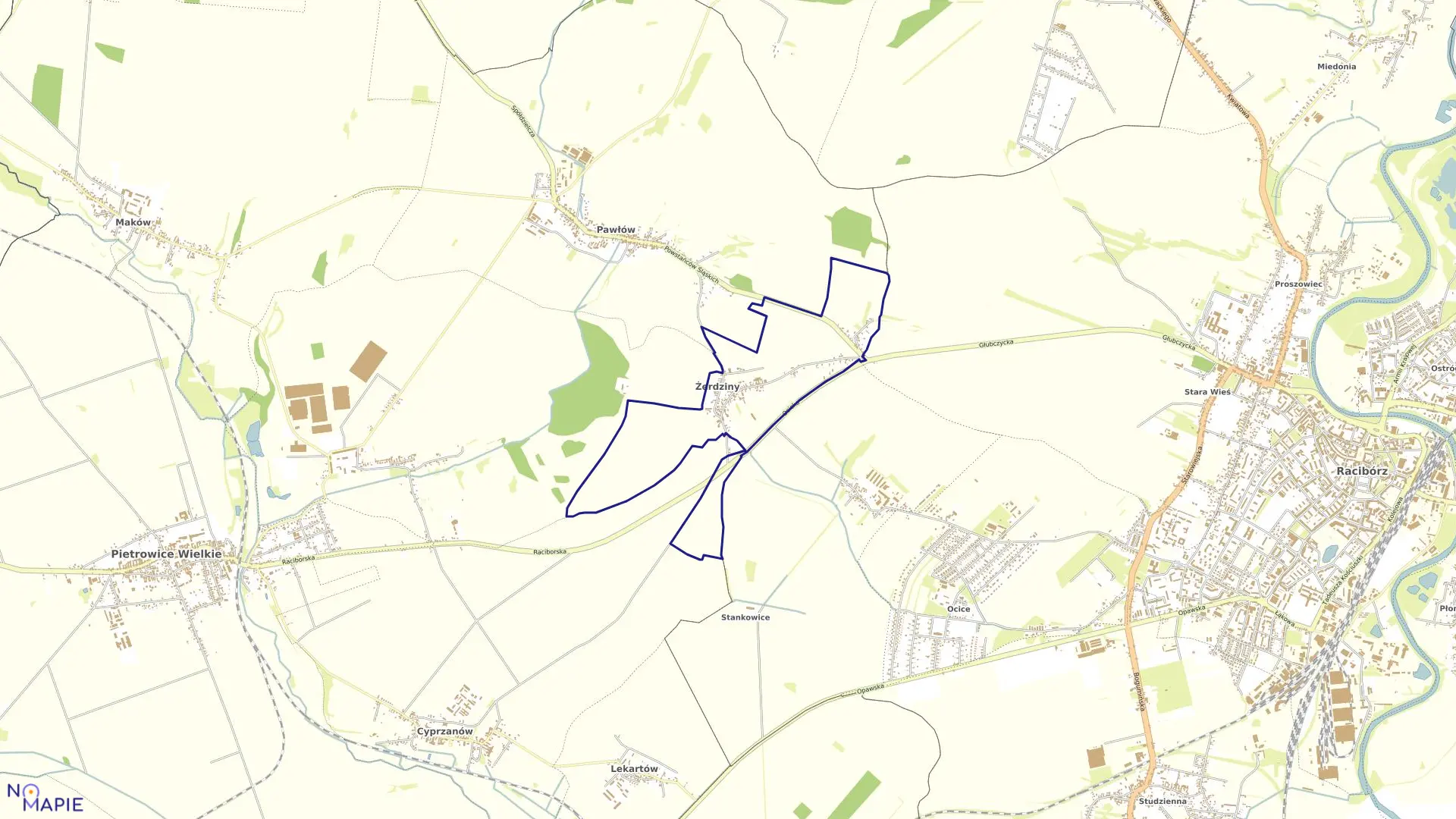 Mapa obrębu ŻERDZINY w gminie Pietrowice Wielkie